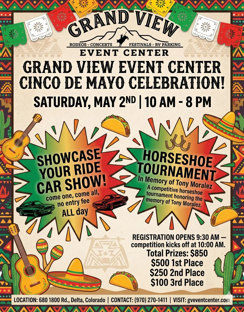Car Show — All Makes & Models Welcome, Cinco de Mayo, May 2, 2026 at Grand View Event Center.