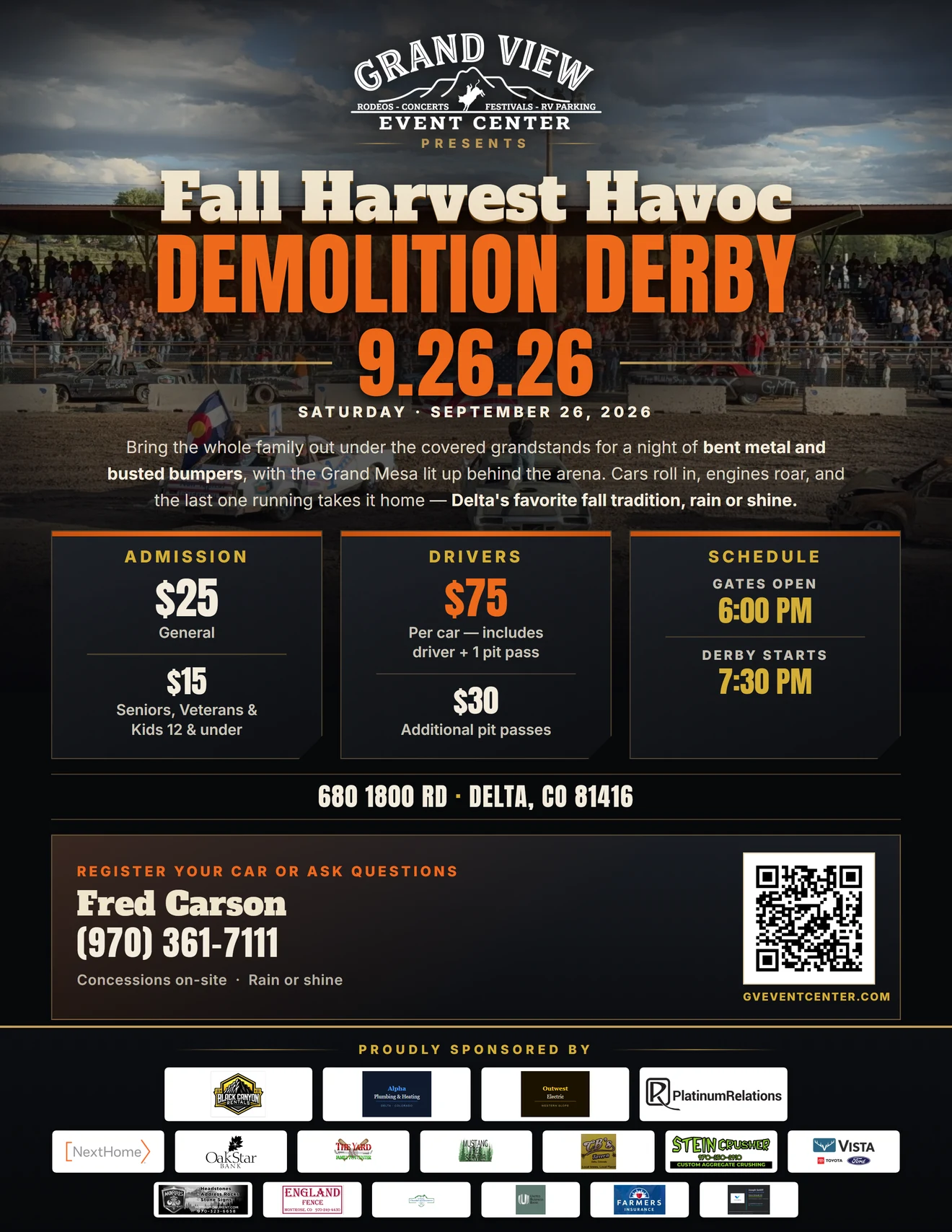 Volante de Fall Harvest Havoc Demolition Derby — sábado 26 de septiembre de 2026 en Grand View Event Center