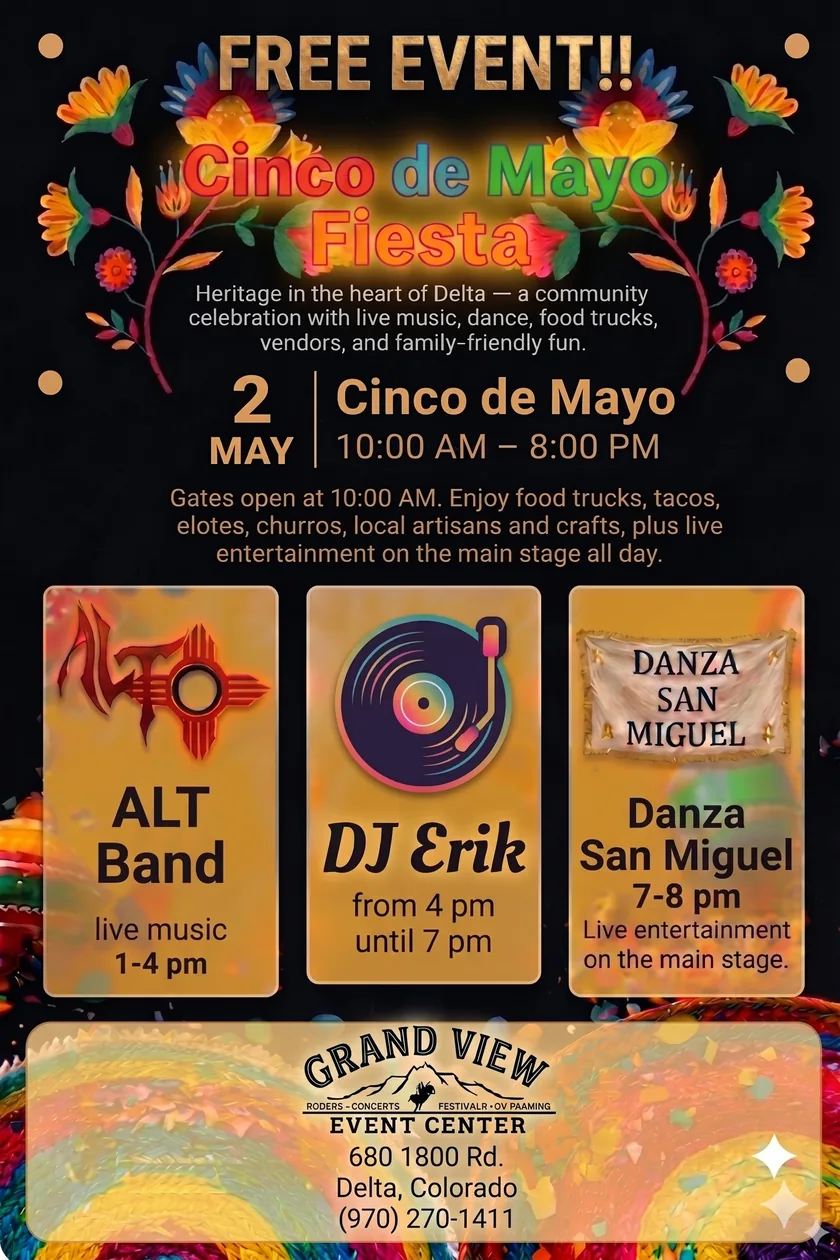 Cinco de Mayo Fiesta — May 2, 2026 at Grand View Event Center. Free event featuring live music, dance, food trucks, vendors, and family-friendly fun. Gates open 10 AM – 8 PM.